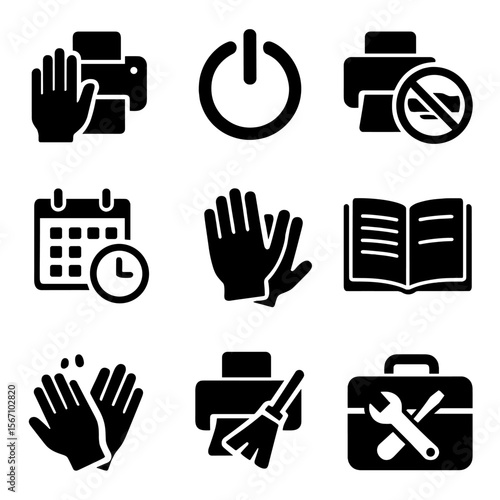 Printer Safety Icons. Solid, filled icons set of safe printer use practices: hand safety, power off, no forced