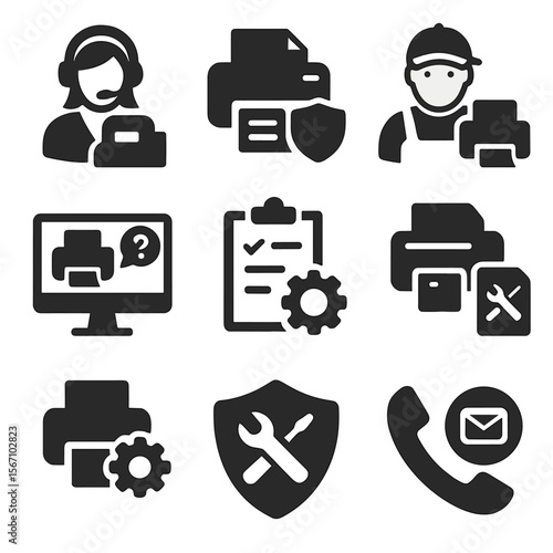 Printer Services Icons. Solid, filled icons set of printer support and services: customer support, warranty
