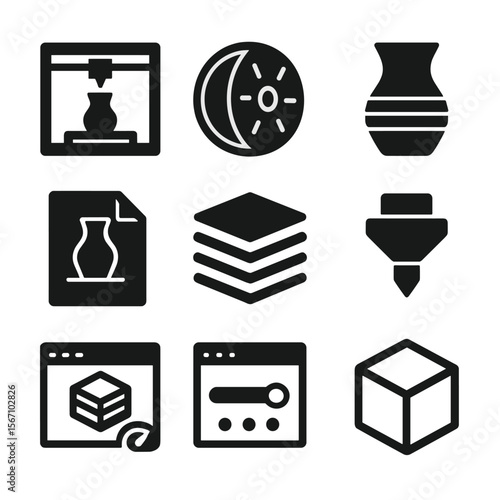 3D Printing Icons. Solid, filled icons set of 3D printing and maker technology: 3D printer, filament roll,