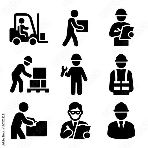 Warehouse Worker Icons. Solid, filled icon set of warehouse workers activities: operator driving forklift, worker carrying box,