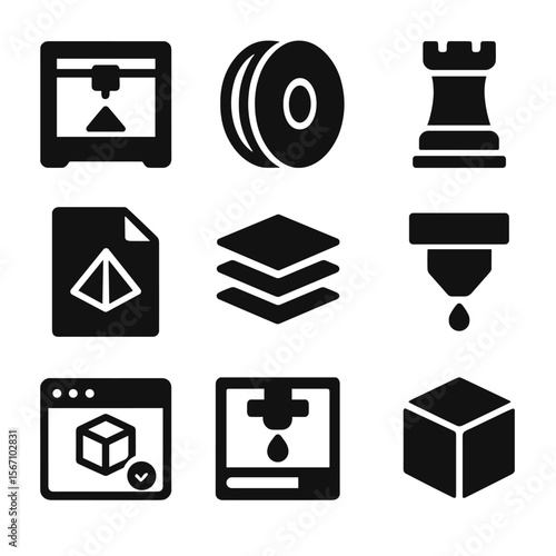3D Printing Icons. Solid, filled icons set of 3D printing and maker technology: 3D printer, filament roll,