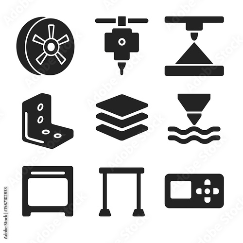 3D Printing Icons Grid. Solid, filled icons set of 3D printing in space: filament reel, extruder icon, build