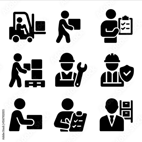 Warehouse Worker Icons. Solid, filled icon set of warehouse workers activities: operator driving forklift, worker carrying box,