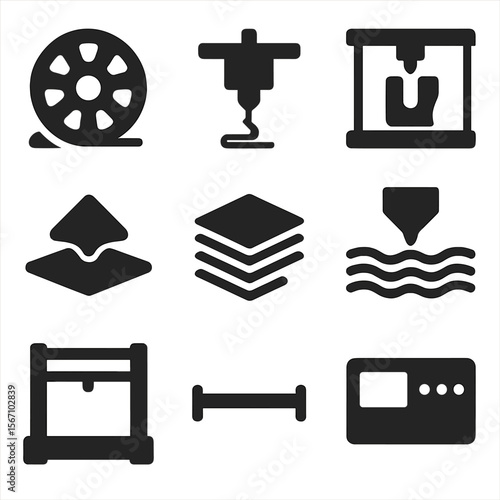 3D Printing Icons Grid. Solid, filled icons set of 3D printing in space: filament reel, extruder icon, build