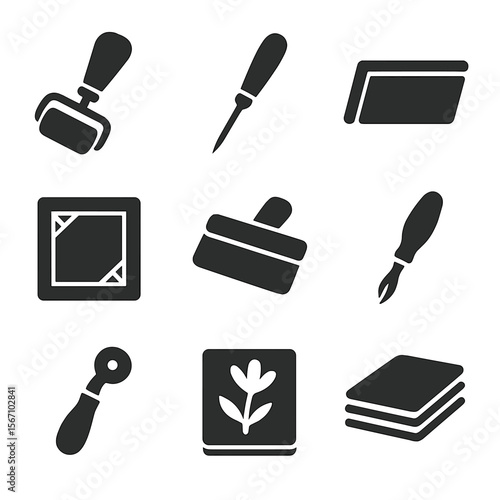 Printmaking Tools Icons. Solid, filled icons set of printmaking equipment: brayer, etching needle, inking