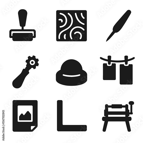 Printmaking Tools Icons. Solid, filled icons set of printmaking tools: brayer, lino block, etching needle,