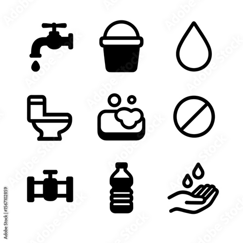 Water Aid Icons. Solid, filled icon set of Water and sanitation aid: water tap, bucket, water drop, sanitation toilet, soap bar,