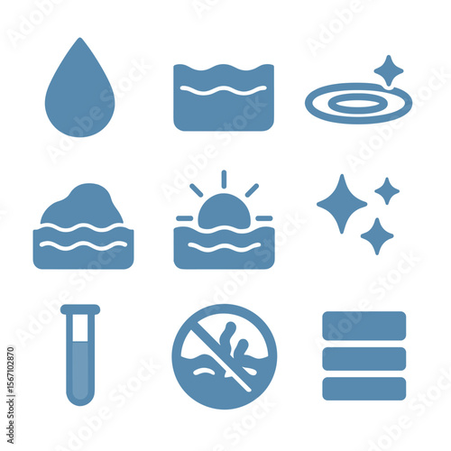 Pristine Water Icons. Solid, filled icons set of pristine water elements: water droplet, glassy surface,