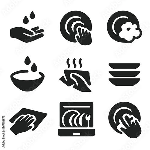 Washing Steps Icons. Solid, filled icon set of washing steps: rinse, scrub, soap lather, rinse water, drying, stacking dishes,