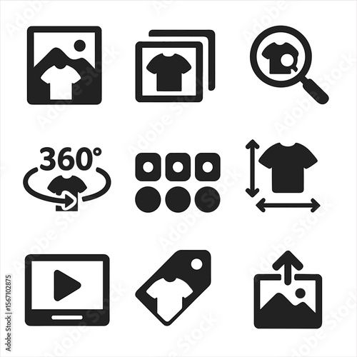 Product Visuals Icon Set. Solid, filled icons set of online product visuals: product photo, image gallery,
