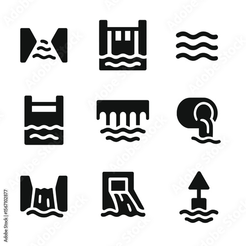 Water Channel Icons. Solid, filled icon set of water channels: irrigation ditch, canal lock, water flow, river gate, aqueduct,