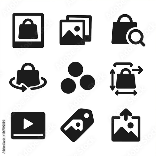 Product Visuals Icon Set. Solid, filled icons set of online product visuals: product photo, image gallery,