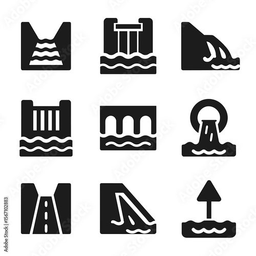 Water Channel Icons. Solid, filled icon set of water channels: irrigation ditch, canal lock, water flow, river gate, aqueduct,