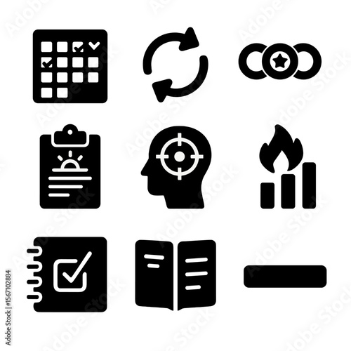 Productivity Icons Grid. Solid, filled icons set of productivity habits and routines: habit tracker, repeat