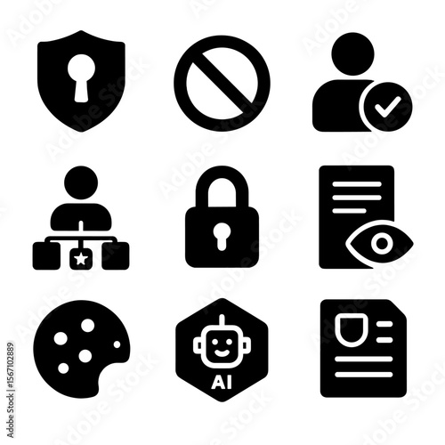 Privacy and Ethics Icons. Solid, filled icons set of privacy and ethics in recommendations: data shield,