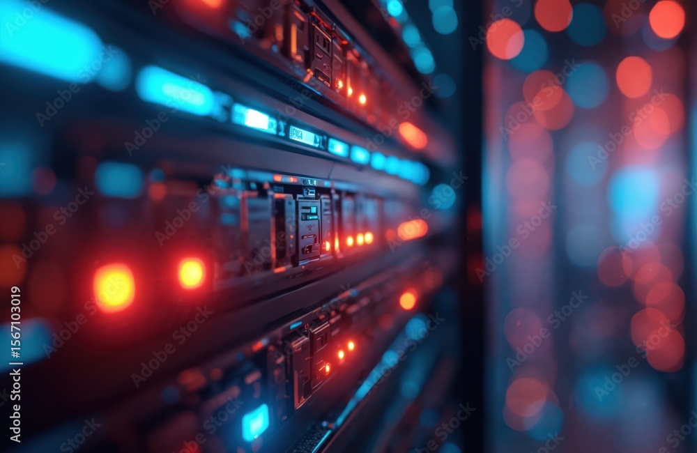 Obraz premium Illuminated server rack with glowing lights represents digital technology, data processing. Bright blue, red lights. Server data center, cloud computing, network communication. Modern innovation,