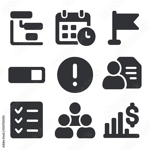 Project Management Icons. Solid, filled icons set of project management in creative teams: gantt chart,