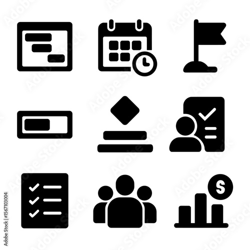 Project Management Icons. Solid, filled icons set of project management in creative teams: gantt chart,