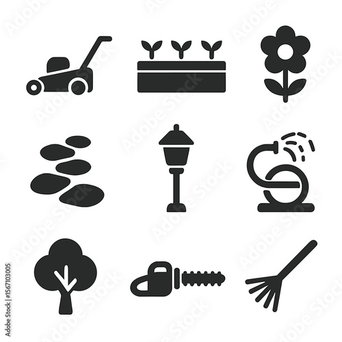 Property Landscaping Icons. Solid, filled icons set of property landscaping: lawn mower, garden bed, flower