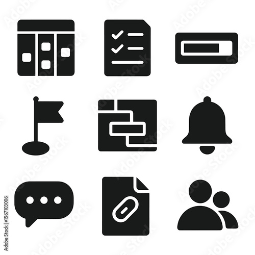 Project Management Icons. Solid, filled icons set of project management software: kanban board, task checklist