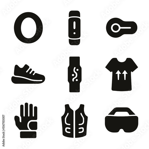 Wearable Tech Icons. Solid, filled icon set of wearable tech: smart ring, fitness tracker, biometric patch, AR headset, smart