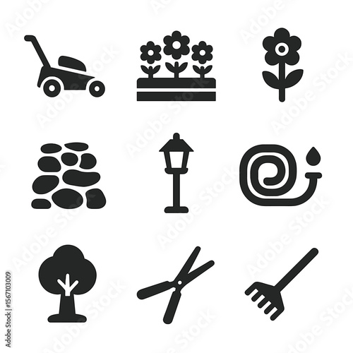 Property Landscaping Icons. Solid, filled icons set of property landscaping: lawn mower, garden bed, flower