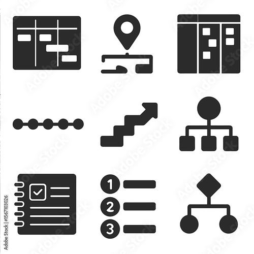 Project Planning Icons. Solid, filled icons set of project planning and segmentation: Gantt chart, milestone