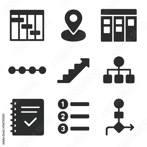 Project Planning Icons. Solid, filled icons set of project planning and segmentation: Gantt chart, milestone
