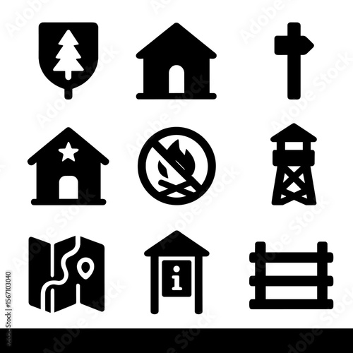 Protected Area Icons. Solid, filled icons set of protected area management: national park sign, visitor center
