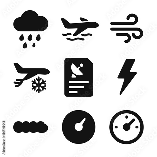 Weather Icon Grid. Solid, filled icon set of weather considerations: storm cloud, turbulence icon, wind shear, icing symbol, METAR