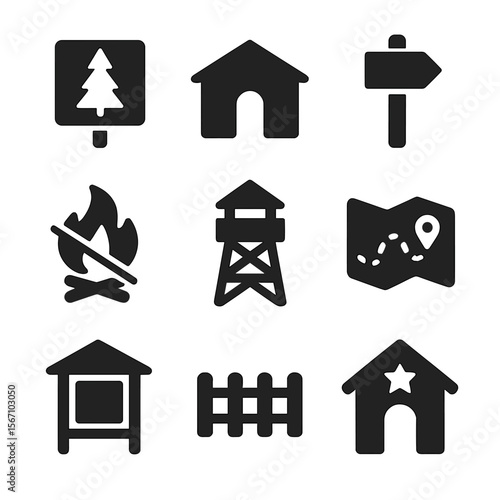 Protected Area Icons. Solid, filled icons set of protected area management: national park sign, visitor center