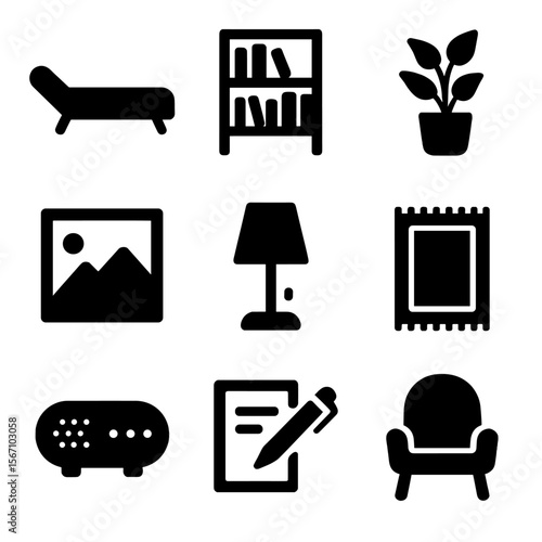 Psychotherapy Room Icons. Solid, filled icons set of psychotherapy room elements: therapy couch, bookshelf,