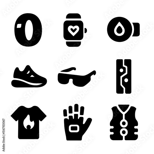 Wearable Tech Icons. Solid, filled icon set of wearable tech: smart ring, fitness tracker, biometric patch, AR headset, smart