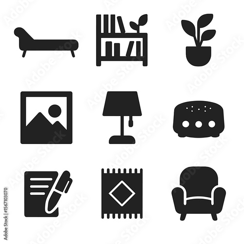 Psychotherapy Room Icons. Solid, filled icons set of psychotherapy room elements: therapy couch, bookshelf,