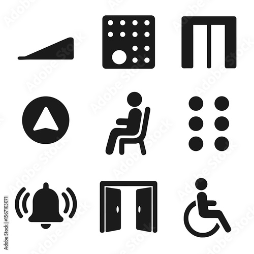 Public Accessibility Icons. Solid, filled icons set of public accessibility: low curb ramp, tactile paving,