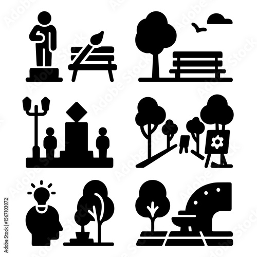 Public Art Icons. Solid, filled icons set of public art installations: sculpture icon, art bench, city park,