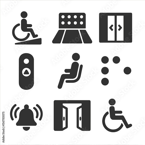 Public Accessibility Icons. Solid, filled icons set of public accessibility: low curb ramp, tactile paving,