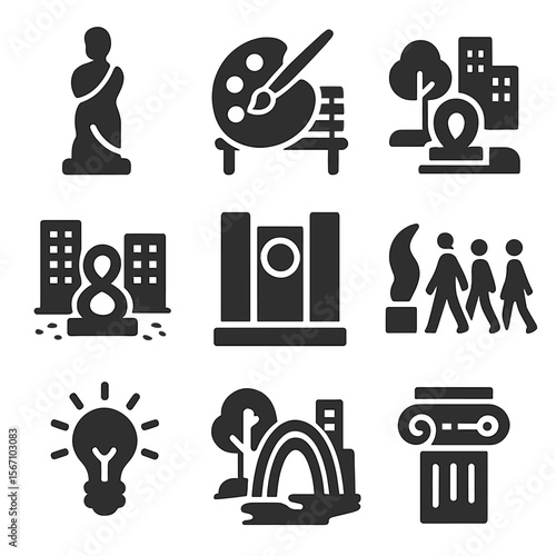 Public Art Icons. Solid, filled icons set of public art installations: sculpture icon, art bench, city park,