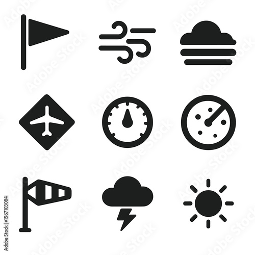 Weather Icon Grid. Solid, filled icon set of wind and air conditions: wind flag, gust lines, cloud layer, turbulence symbol,