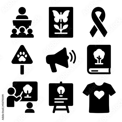 Public Awareness Icons. Solid, filled icons set of public awareness and education: lecture icon, biodiversity