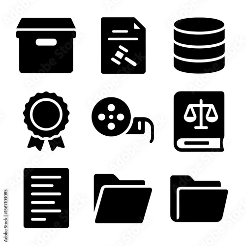Public Records Icons. Solid, filled icons set of public records and research: archive box, court document,