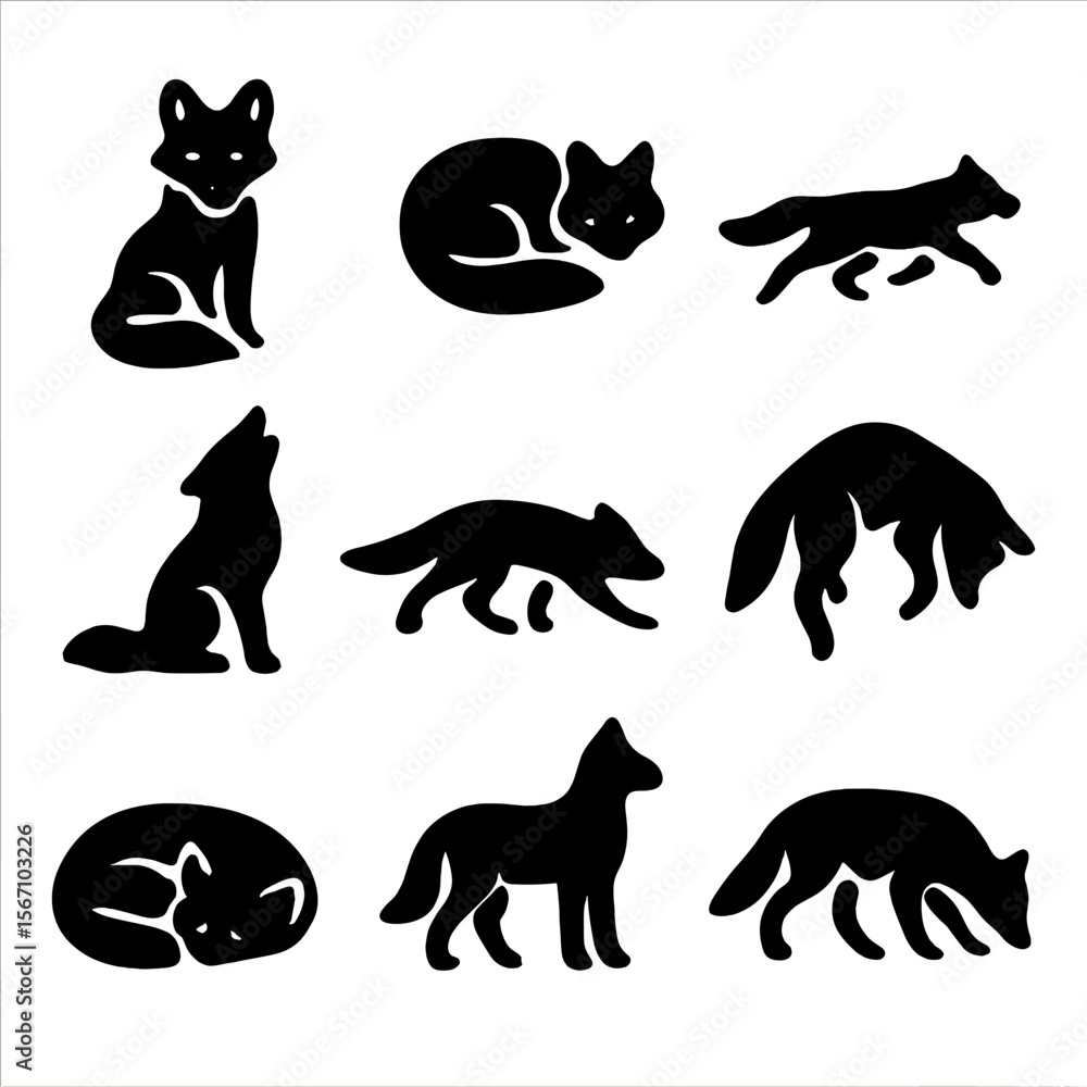 Fototapeta premium Wild Fox Icons. Solid, filled icon set of wild fox poses: sitting fox, curled up fox, running fox, howling fox, stalking fox,
