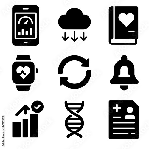 Quantified Self Icons. Solid, filled icons set of quantified self accessories: dashboard app, data cloud,