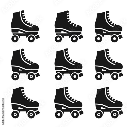 Quad Skates Icon Set. Solid, filled icons set of quad roller skates: four-wheel layout, toe stop, high-top