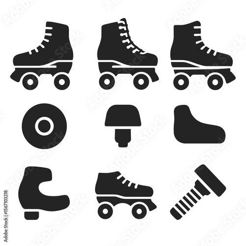 Quad Skates Icon Set. Solid, filled icons set of quad roller skates: four-wheel layout, toe stop, high-top