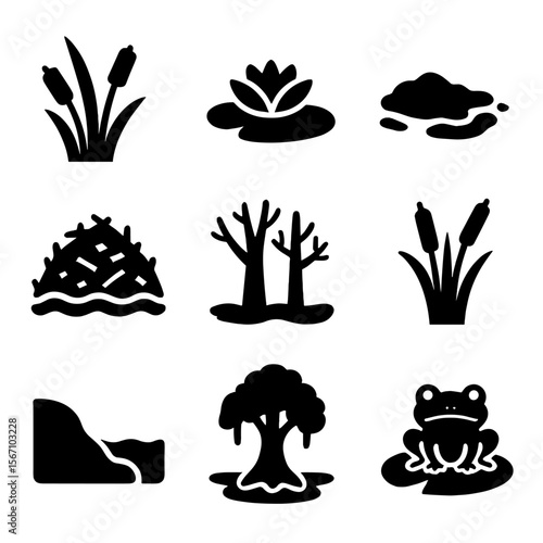 Wetland Habitat Icons. Solid, filled icon set of wetland animal habitats: marsh reeds, water lily, mud patch, beaver dam, flooded