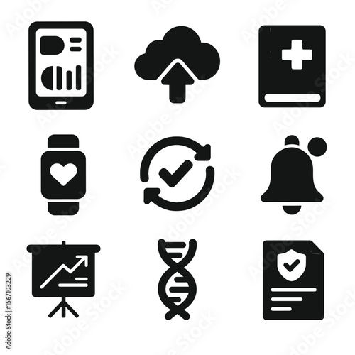 Quantified Self Icons. Solid, filled icons set of quantified self accessories: dashboard app, data cloud,