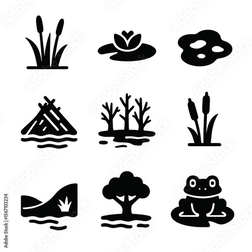 Wetland Habitat Icons. Solid, filled icon set of wetland animal habitats: marsh reeds, water lily, mud patch, beaver dam, flooded