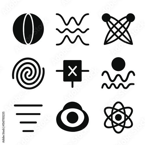 Quantum Computing Icons. Solid, filled icons set of quantum computing visualized as art: qubit sphere, wave