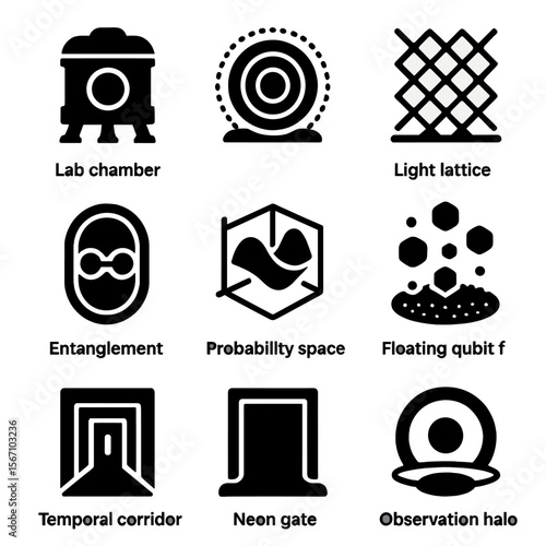 Quantum Environment Icons. Solid, filled icons set of immersive quantum environments: lab chamber, quantum